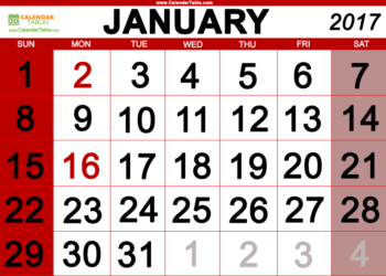 JANUARY 2017 Calendar